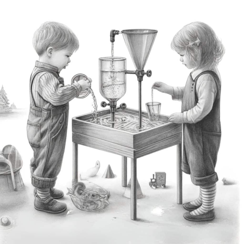 children playing at water station