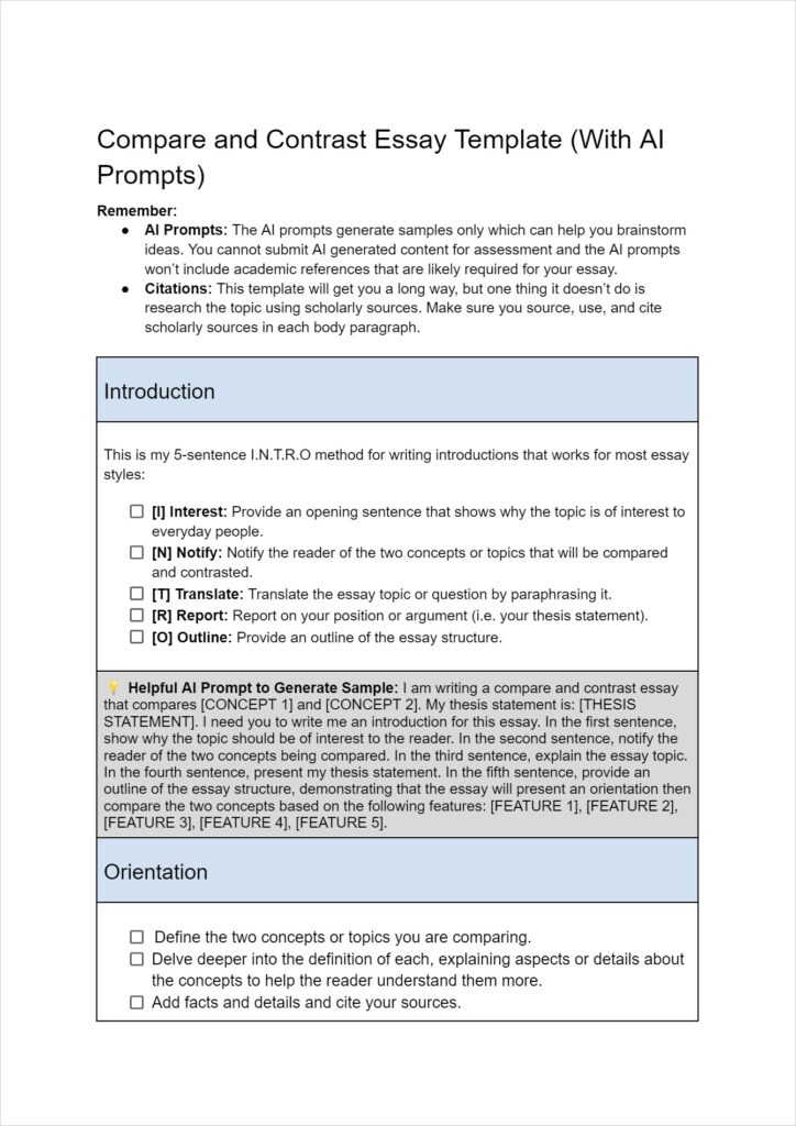compare and contrast essay template