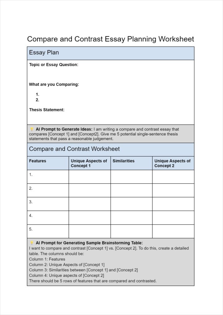 compare and contrast worksheet