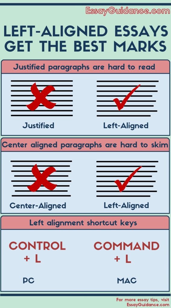 an infographic showing that left-aligned paragraphs are easy to read. The infographic recommends using Control plus L on a PC keyboard or Command plus L on a Mac to left align a paragraph