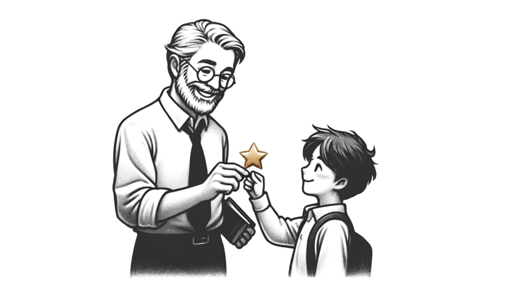 a teacher giving a student a gold star