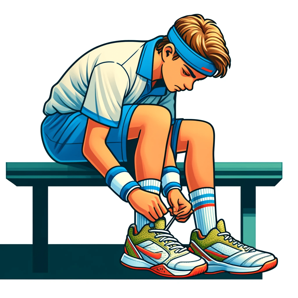 a tennis player putting on a shoe