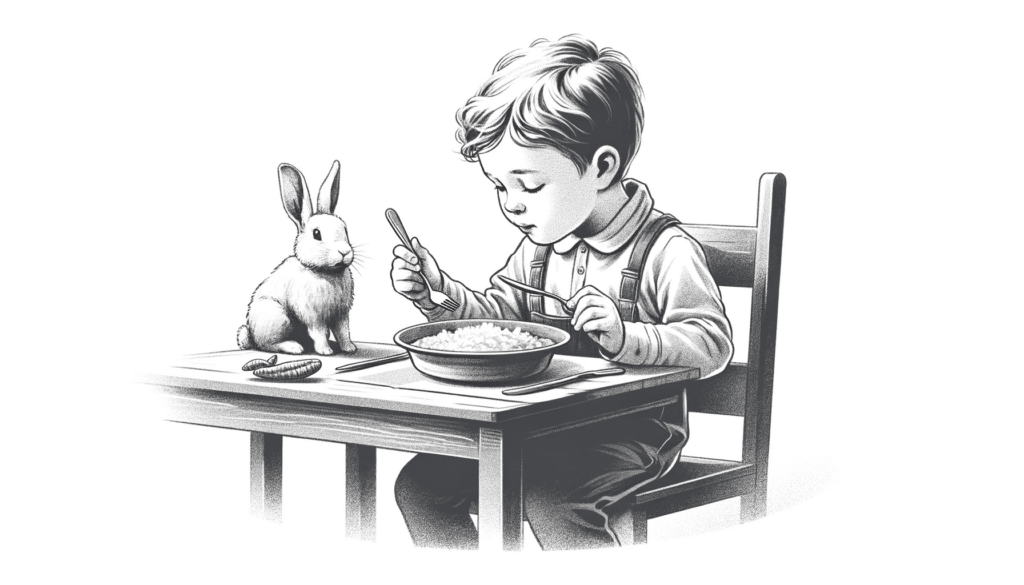 child eating and rabbit watching him