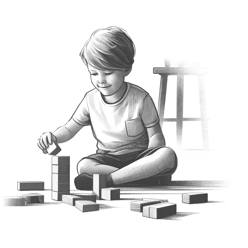 a boy playing with wood blocks