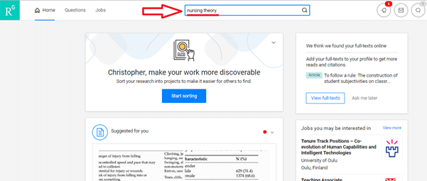 screenshot of the research gate search bar