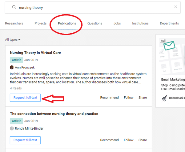 screenshot of a request full text option on the research gate website