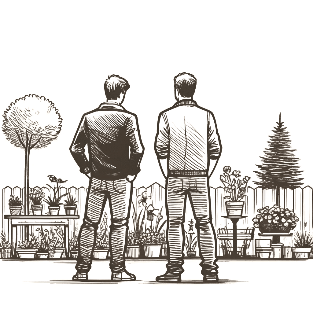 two men admiring a garden
