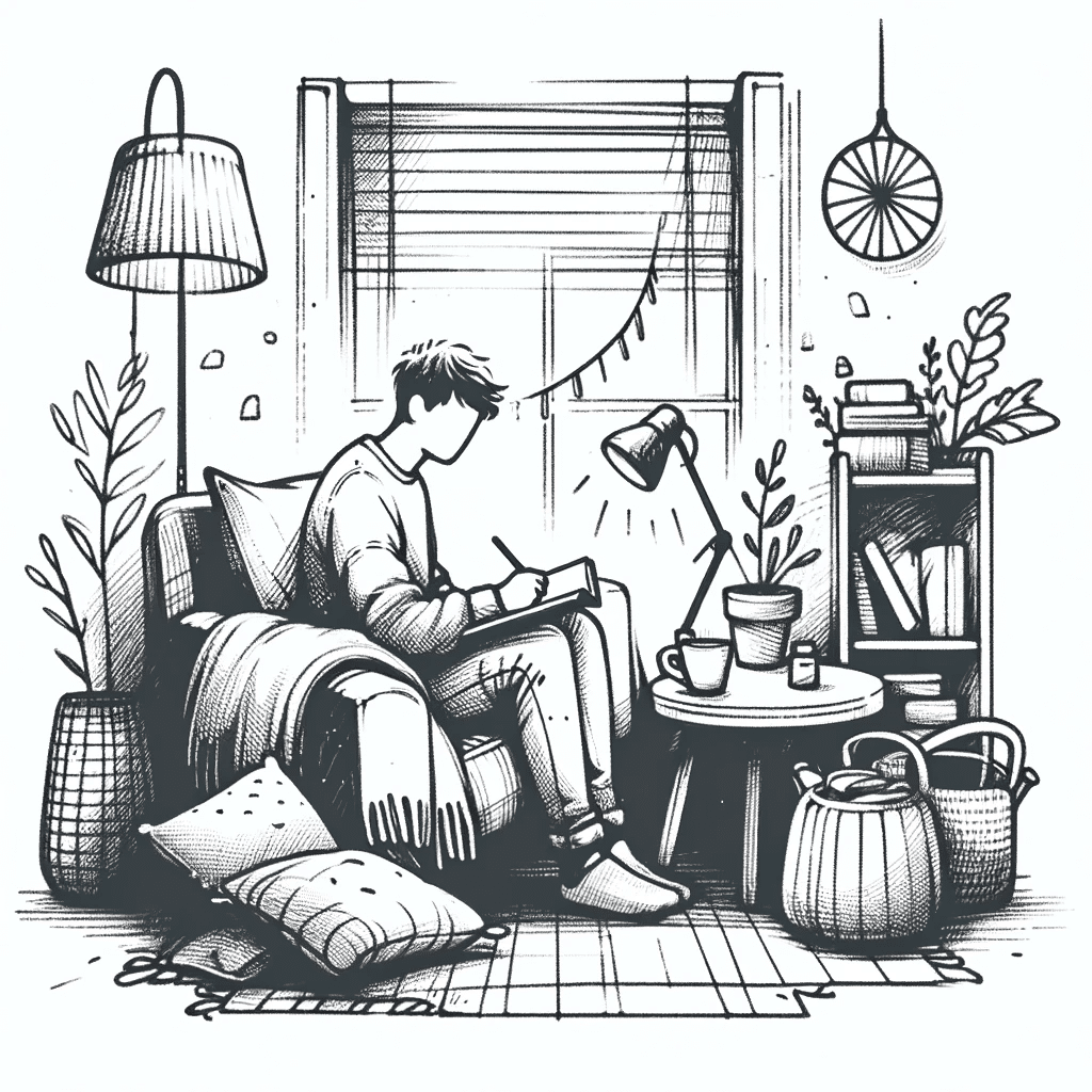 person writing in a cozy nook