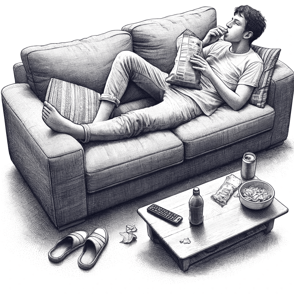 man eating chips on couch