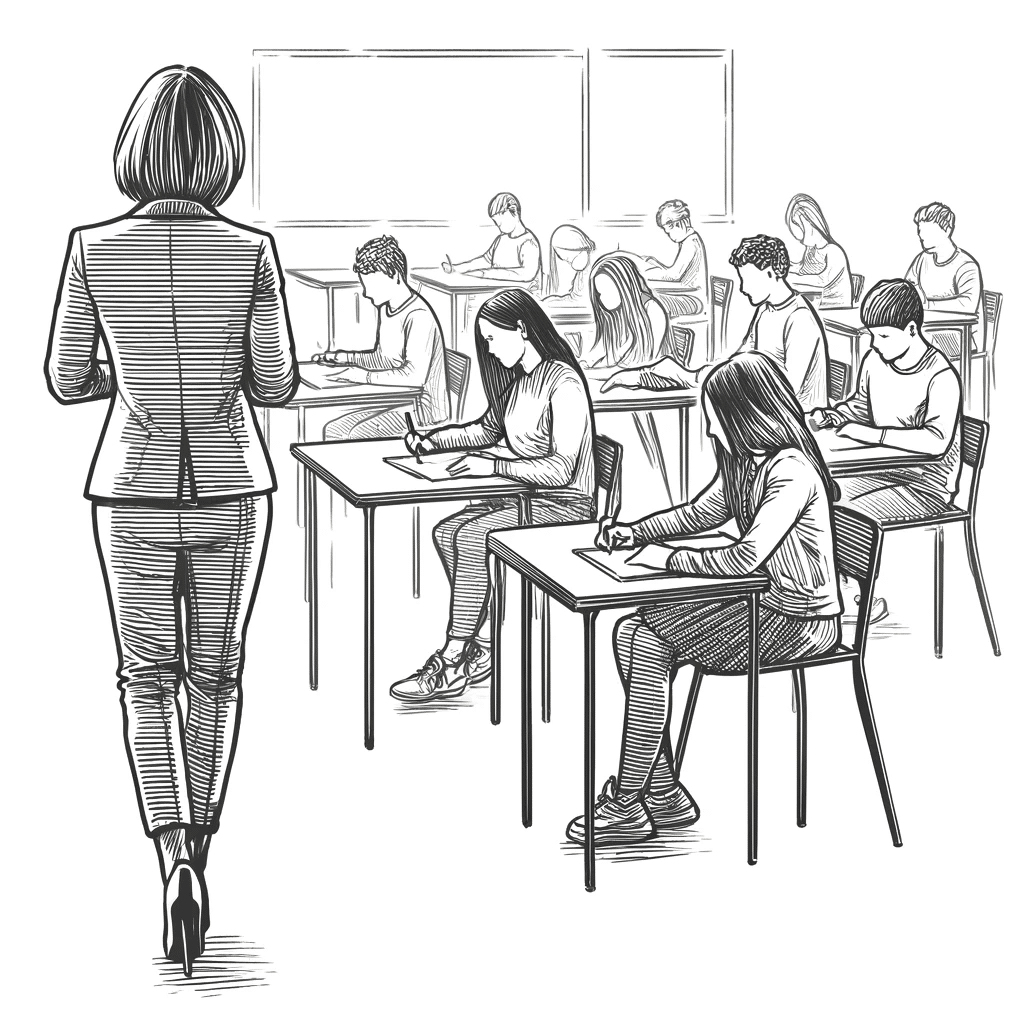 a teacher walking around her classroom