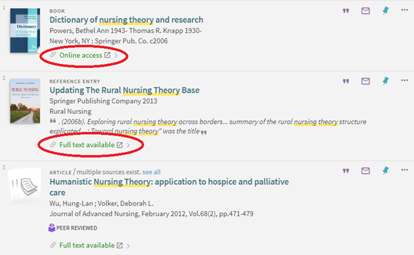 screenshot of library online catalogue search results demonstrating that some books are accessible online