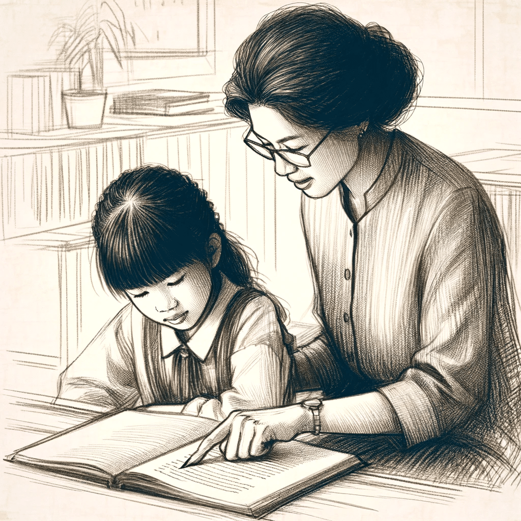 teacher helping a child to read