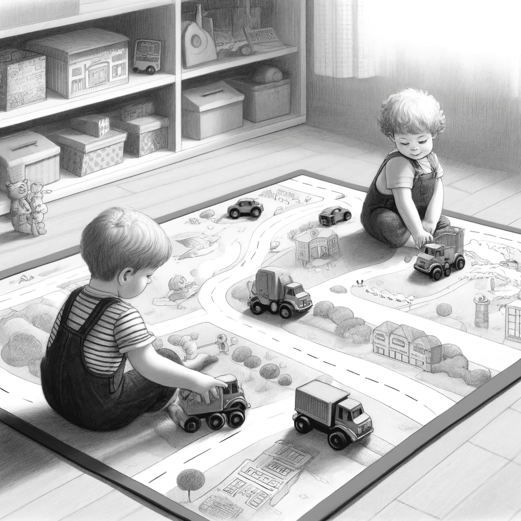 children playing with cars and trucks