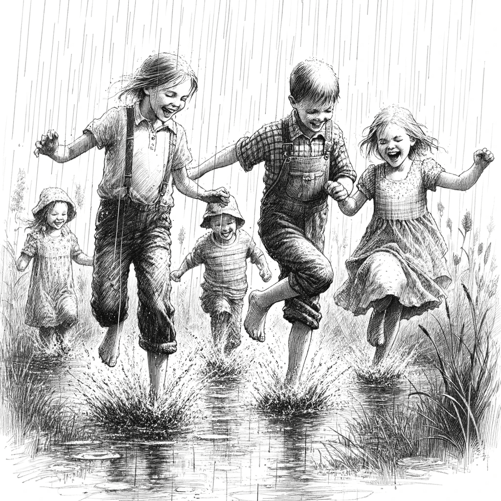 children playing in the rain