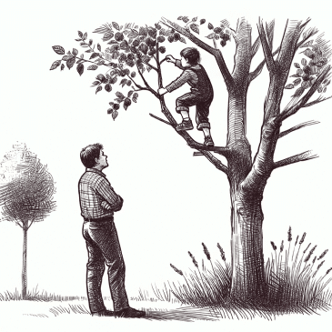adult watching a child climb a tree