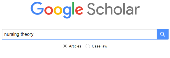 screenshot of google scholar search bar with the text nursing theory written in the search bar
