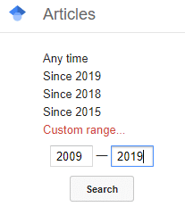 screenshot of a custom search range entered into the google scholar customize toolbar