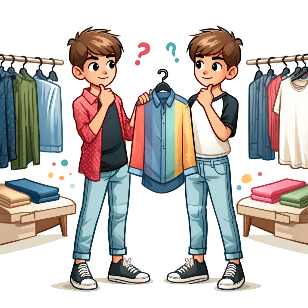 boys trying on fashion items